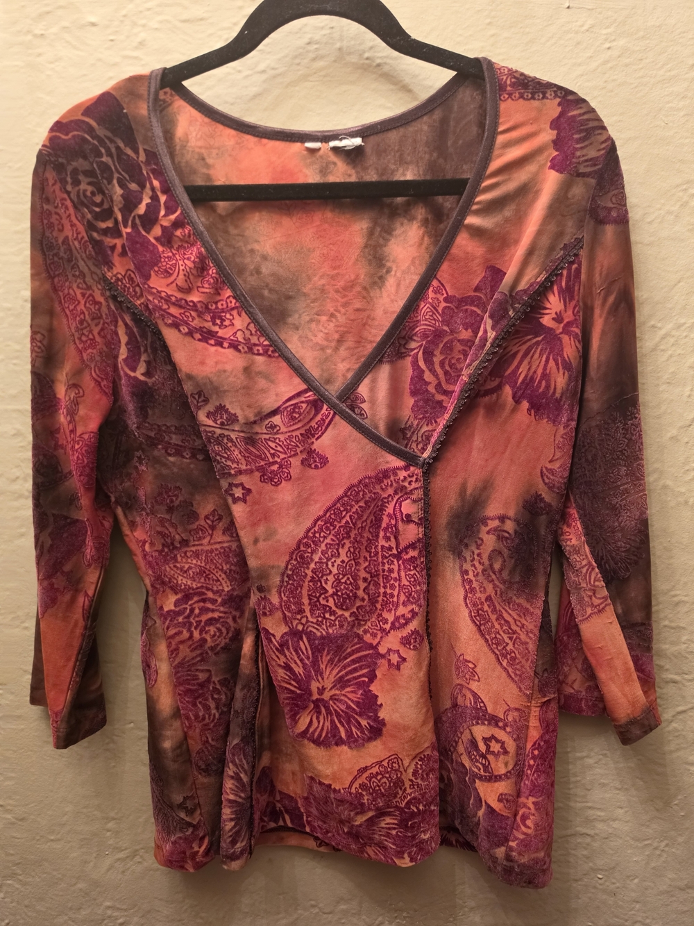 Y2K Mesh Paisley Floral Top Deep V Beaded Fairy Grunge Boho 3/4 Sleeve